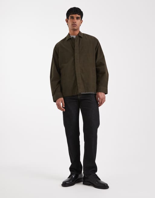 ASOS DESIGN - Camicia giacca in tessuto a coste kaki scuro con bottoni nascosti, 3 di 6