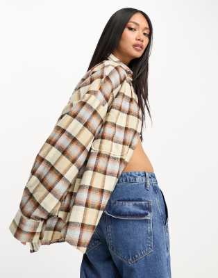Camicia giacca oversize con tasche a quadri color cuoio e blu-Multicolore - ASOS DESIGN Camicia donna  - immagine1