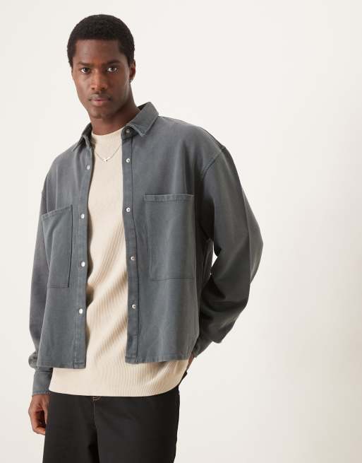 ASOS DESIGN - Camicia giacca oversize in cotone color antracite con maniche voluminose