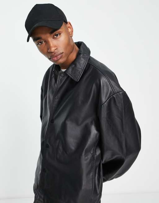 ASOS DESIGN - Camicia giacca oversize in vera pelle nera, 4 di 4