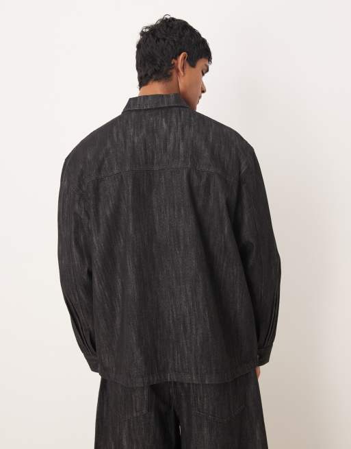 ASOS DESIGN - Camicia giacca squadrata in denim nero slavato lavaggio risciacquato in coordinato, 3 di 5