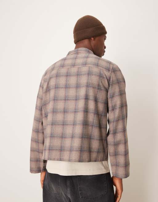 ASOS DESIGN - Camicia giacca squadrata vestibilità comoda marrone spazzolata a quadri con chiusura con zip, 3 di 4