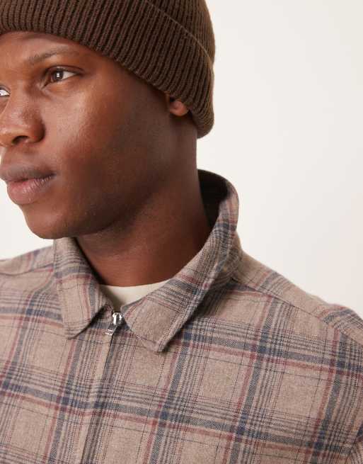 ASOS DESIGN - Camicia giacca squadrata vestibilità comoda marrone spazzolata a quadri con chiusura con zip, 4 di 4