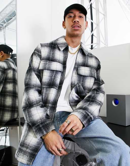 ASOS DESIGN - Camicia giacca taglio lungo a quadri bianco e nero