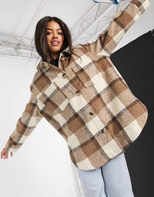 Asos Design Camicia Giacca Taglio Lungo Marrone A Quadri Asos