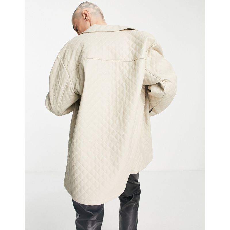 Camicie casual 5ATiW DESIGN - Camicia giacca taglio lungo trapuntata in pelle sintetica, color pietra 
