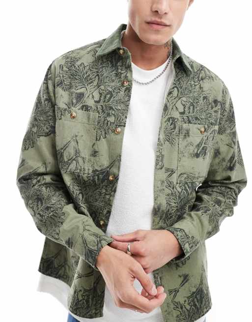 ASOS DESIGN - Camicia giacca verde a fiori con colletto in velluto a coste  