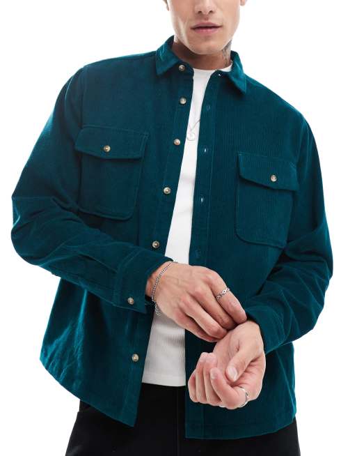 ASOS DESIGN - Camicia giacca verde-azzurro in velluto a coste