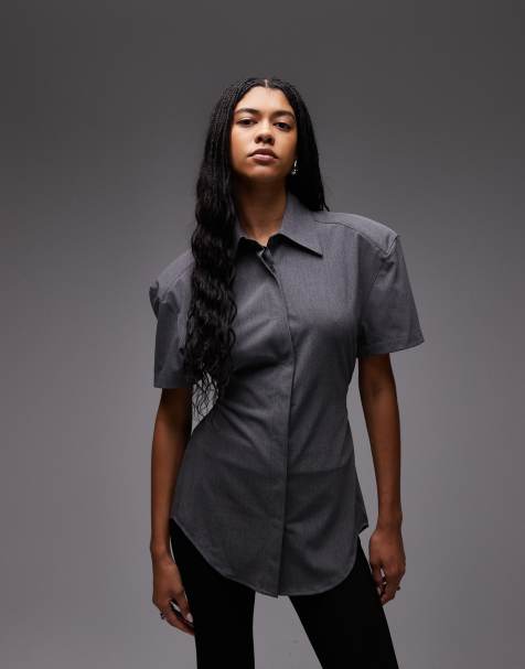 ASOS DESIGN - Camicia grigia a maniche corte stretta in vita con spalline imbottite - view 1