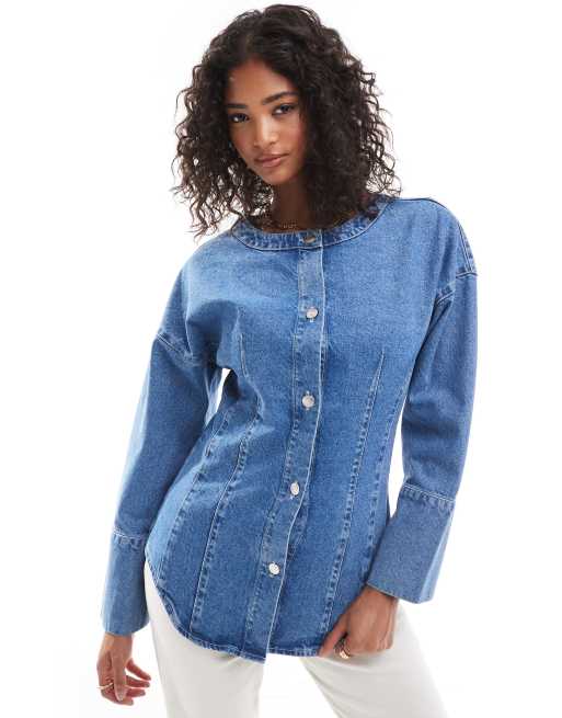 ASOS DESIGN - Camicia in denim blu medio stretta in vita con nervature
