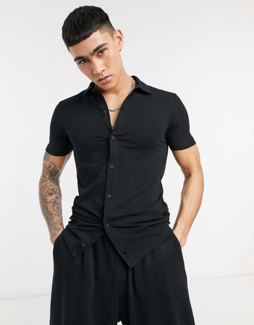ASOS DESIGN - Camicia in jersey attillata nera