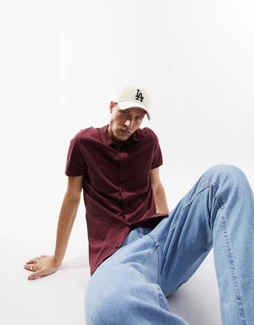 ASOS DESIGN - Camicia in jersey bordeaux con bottoni