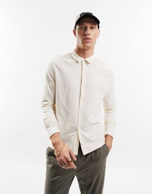 ASOS DESIGN long sleeve button through jersey shirt in cream - ASOS Price Checker