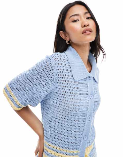 ASOS DESIGN - Camicia in maglia all'uncinetto blu e gialla a righe con bottoni stile conchiglia in coordinato - view 1