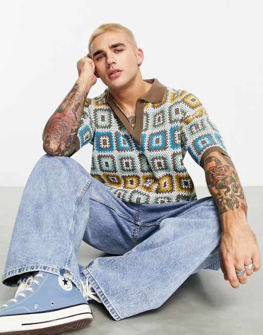 ASOS DESIGN - Camicia in maglia all'uncinetto con colletto con intaglio e motivo patchwork