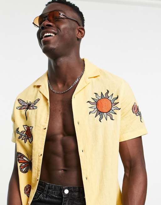 ASOS DESIGN - Camicia in misto lino gialla con ricami e rever