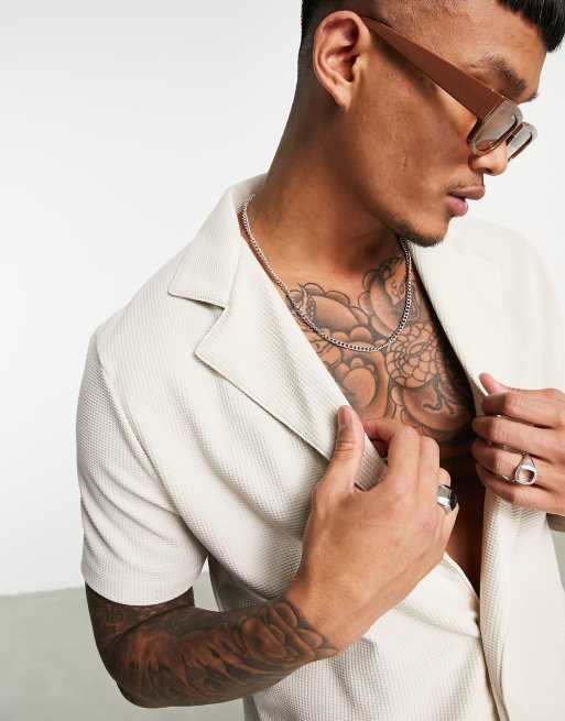 ASOS DESIGN - Camicia in piqué beige con colletto con rever