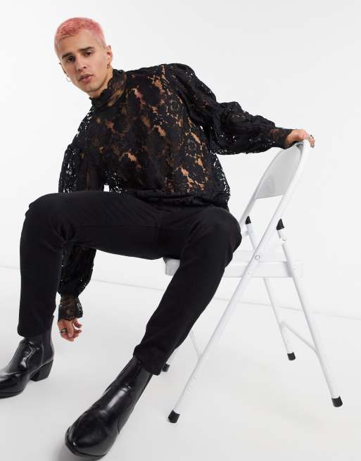 ASOS DESIGN - Camicia in pizzo con collo e polsini con laccetti nera vestibilità classica