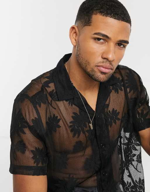ASOS DESIGN - Camicia in pizzo nero a fiori con collo a rever vestibilità classica 