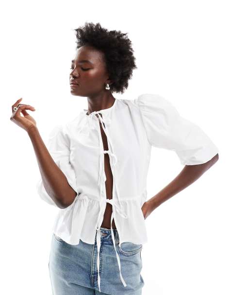 ASOS DESIGN - Camicia in popeline di cotone color avorio con fondo peplo e laccetti - view 1