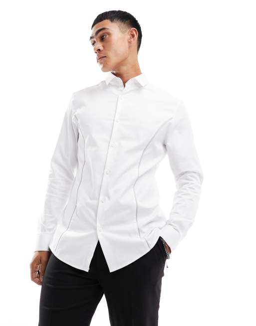 ASOS DESIGN - Camicia in rasatello slim bianco con colletto a barchetta