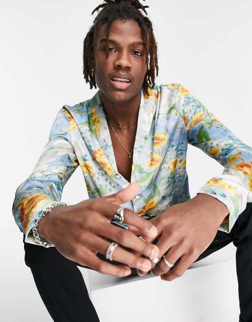 ASOS DESIGN - Camicia in raso a fiori con bottoni con perle