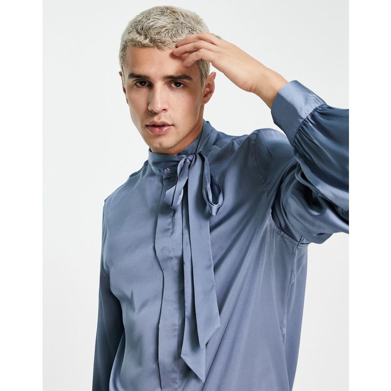 Camicie Camicie tinta unita DESIGN - Camicia in raso allacciata al collo con maniche a campana blu