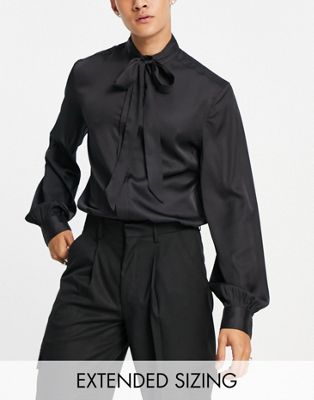 ASOS DESIGN satin shirt with tie neck and blouson volume sleeve  - ASOS Price Checker