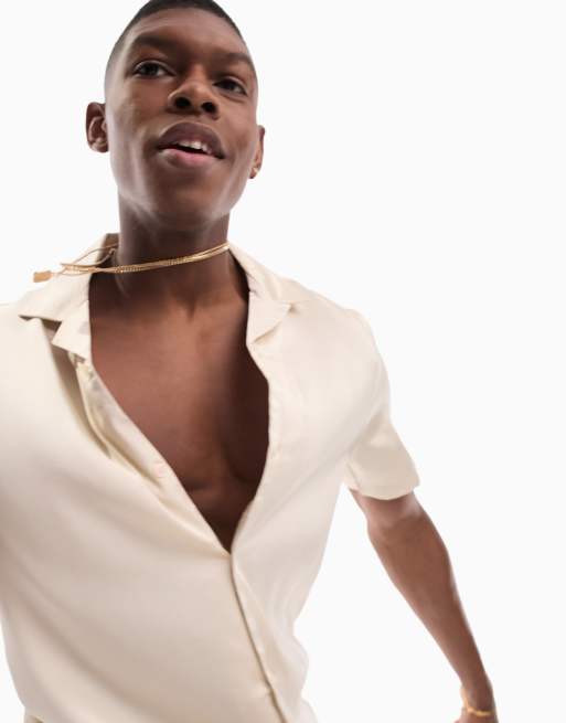 ASOS DESIGN - Camicia in raso con colletto a rever colore pietra 