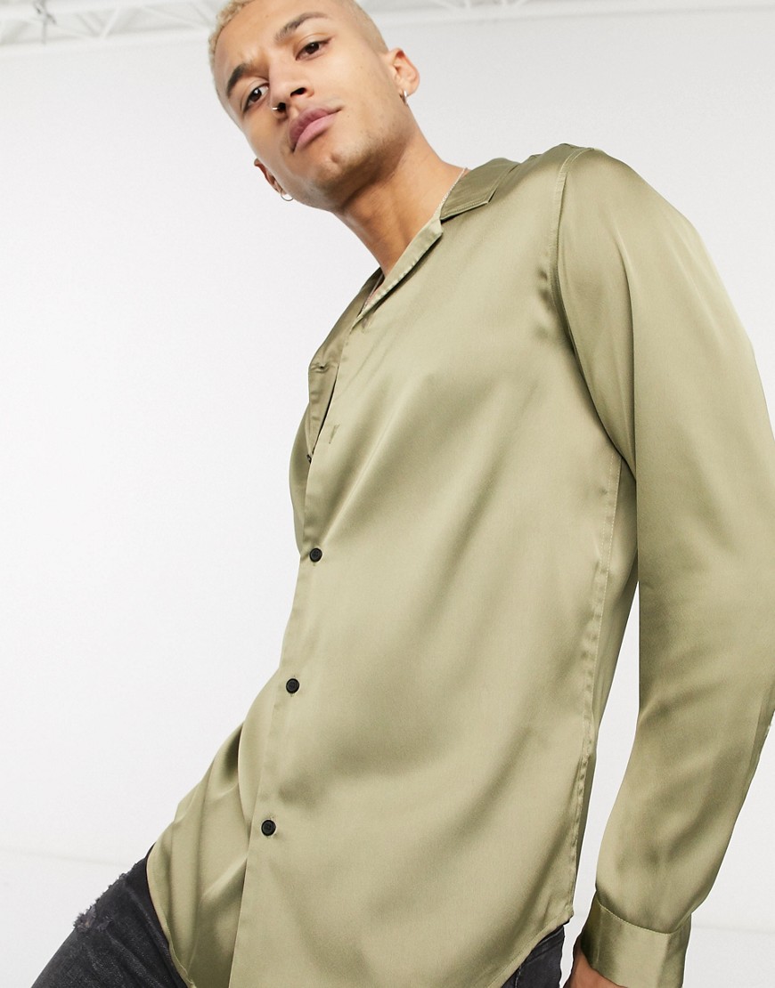 ASOS DESIGN - Camicia in raso con colletto a rever kaki vestibilità classica-Verde