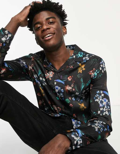 ASOS DESIGN - Camicia in raso con colletto con rever e stampa a fiori