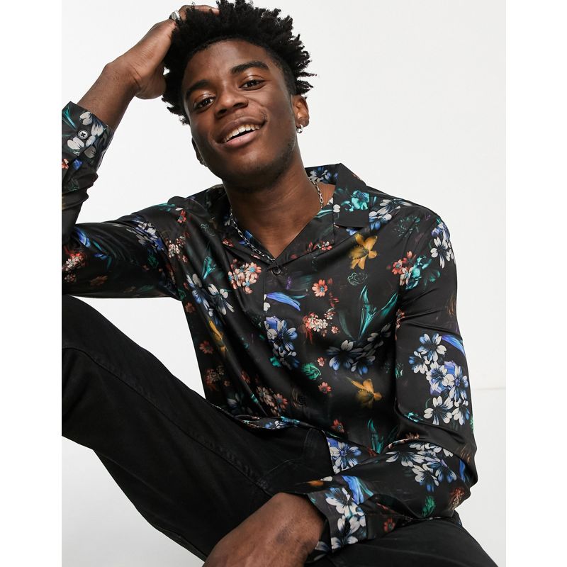 Uomo Camicie DESIGN - Camicia in raso con colletto con rever e stampa a fiori