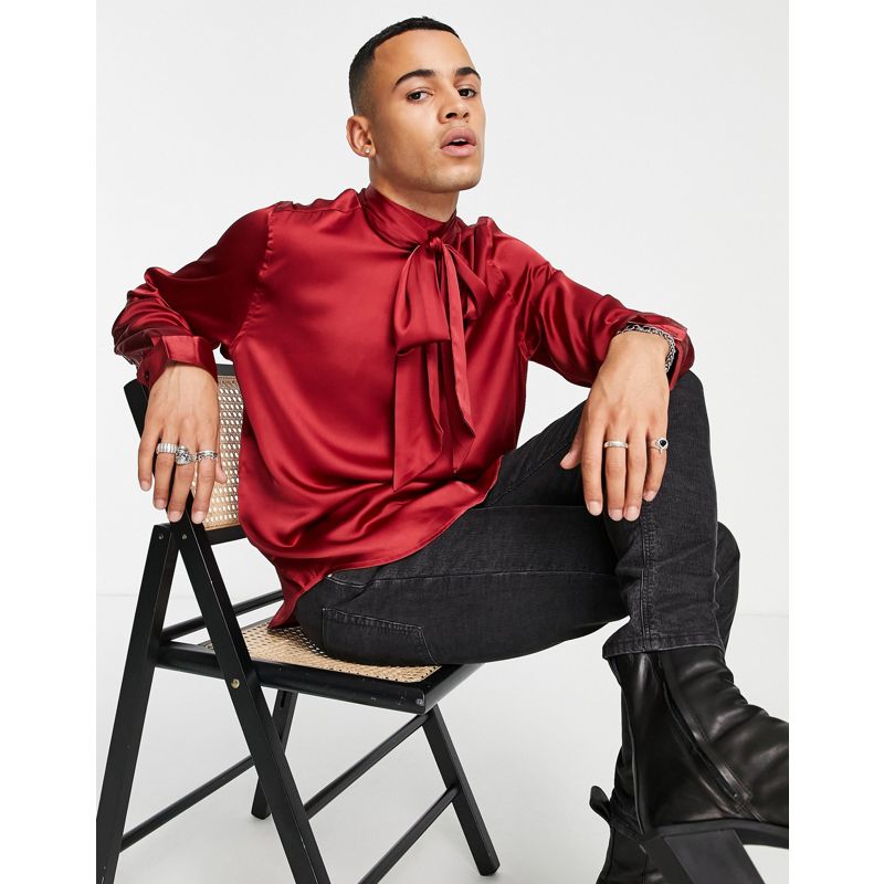 Uomo Camicie tinta unita DESIGN - Camicia in raso con fiocco sul collo rosso profondo