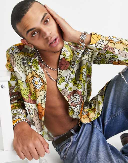 ASOS DESIGN - Camicia in raso con stampa anni '70 e rever oversize