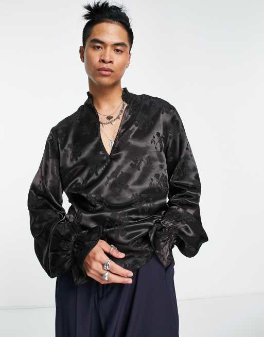 ASOS DESIGN - Camicia in raso jacquard con fondo manica a volant