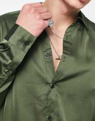 Camicia in raso kaki vestibilità classica-Verde - ASOS DESIGN Camicia donna  - immagine2