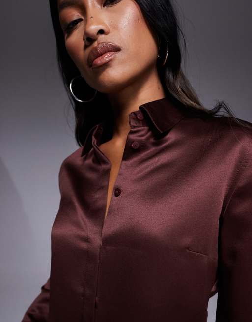 ASOS DESIGN - Camicia in raso slim color cioccolato, 4 di 4