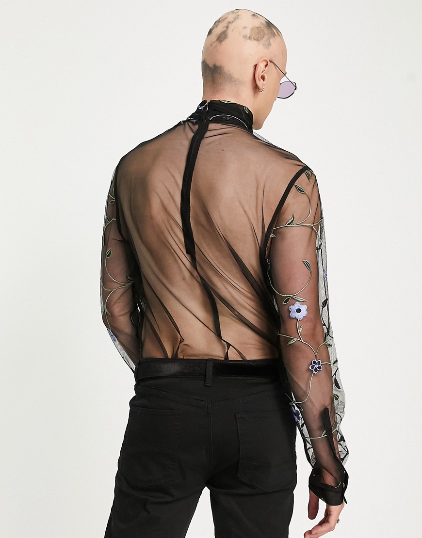 Camicia in rete trasparente con ricamo floreale-Blu - ASOS DESIGN Camicia donna  - immagine3