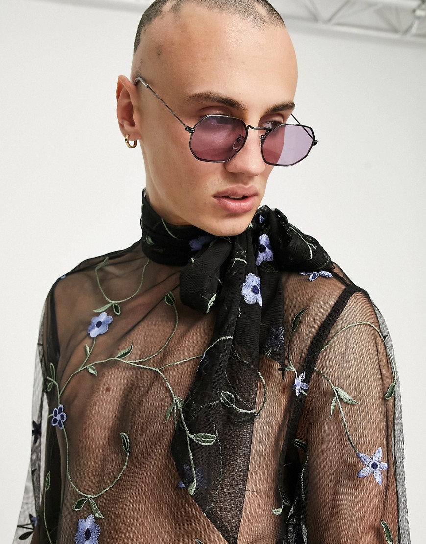 Camicia in rete trasparente con ricamo floreale-Blu - ASOS DESIGN Camicia donna  - immagine2