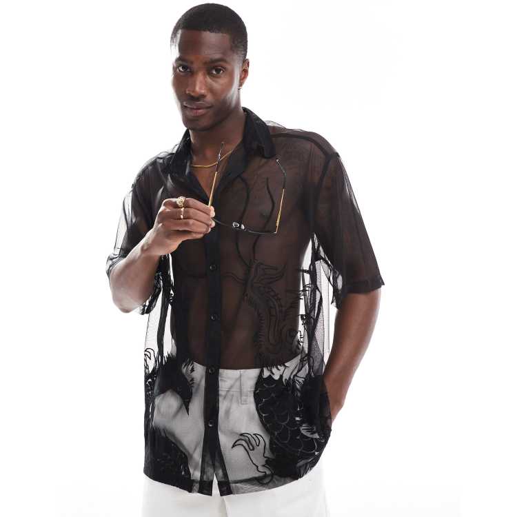ASOS DESIGN Camicia in rete trasparente nera con ricamo di drago ASOS