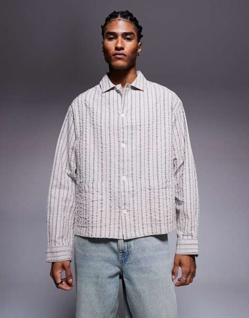 ASOS DESIGN - Camicia in seersucker oversize squadrata a righe di colore neutro