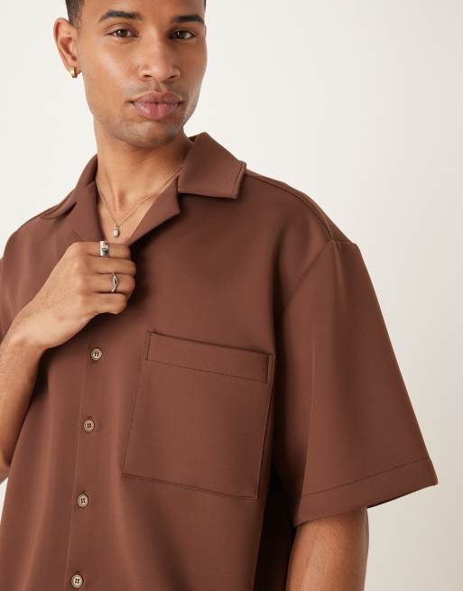 ASOS DESIGN Camicia in tessuto effetto scuba marrone oversize