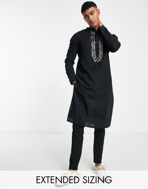 ASOS DESIGN - Camicia kurta taglio lungo in misto lino nero con decorazione