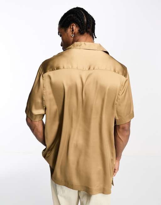 ASOS DESIGN Camicia maniche corte comoda in raso color bronzo