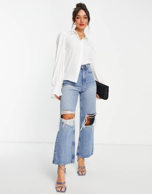 ASOS DESIGN - Camicia morbida avorio con maniche voluminose e volant sui polsini, 4 di 4