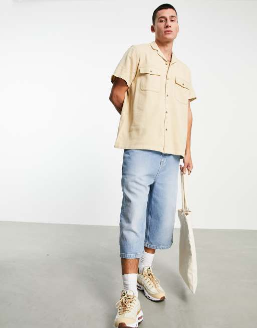 ASOS DESIGN - Camicia multitasche a maniche corte in twill color pietra
