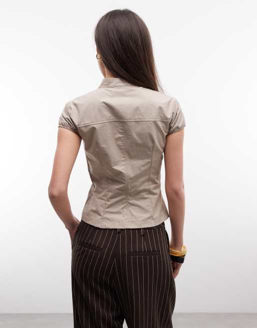 ASOS DESIGN - Camicia multitasche color pietra con maniche ad aletta, 4 di 4