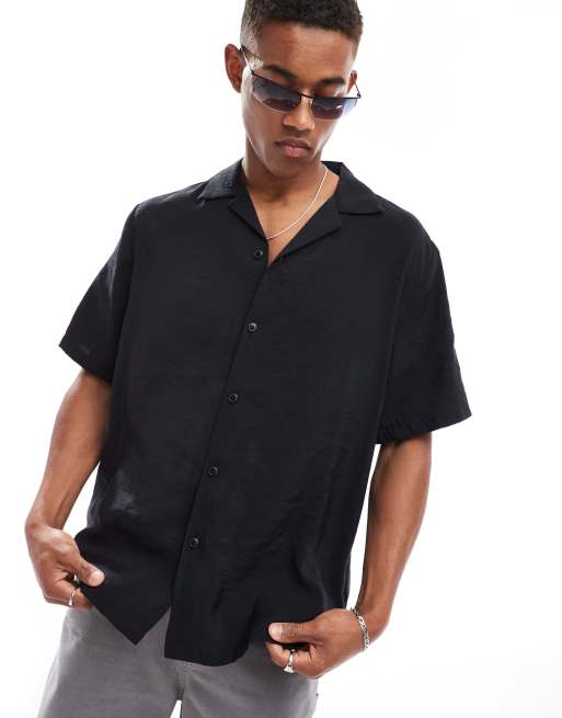 ASOS DESIGN - Camicia nera a maniche corte vestibilità comoda con rever