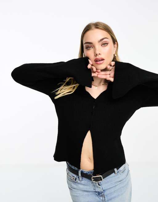 ASOS DESIGN - Camicia nera aderente con colletto in maglia