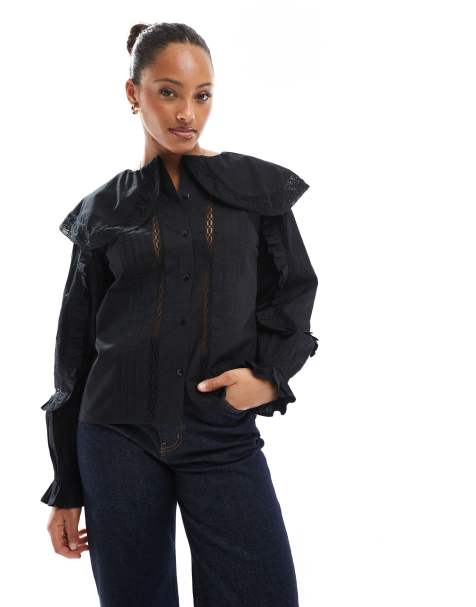 ASOS DESIGN - Camicia nera con colletto grande e inserti in pizzo e pizzo sangallo - view 1